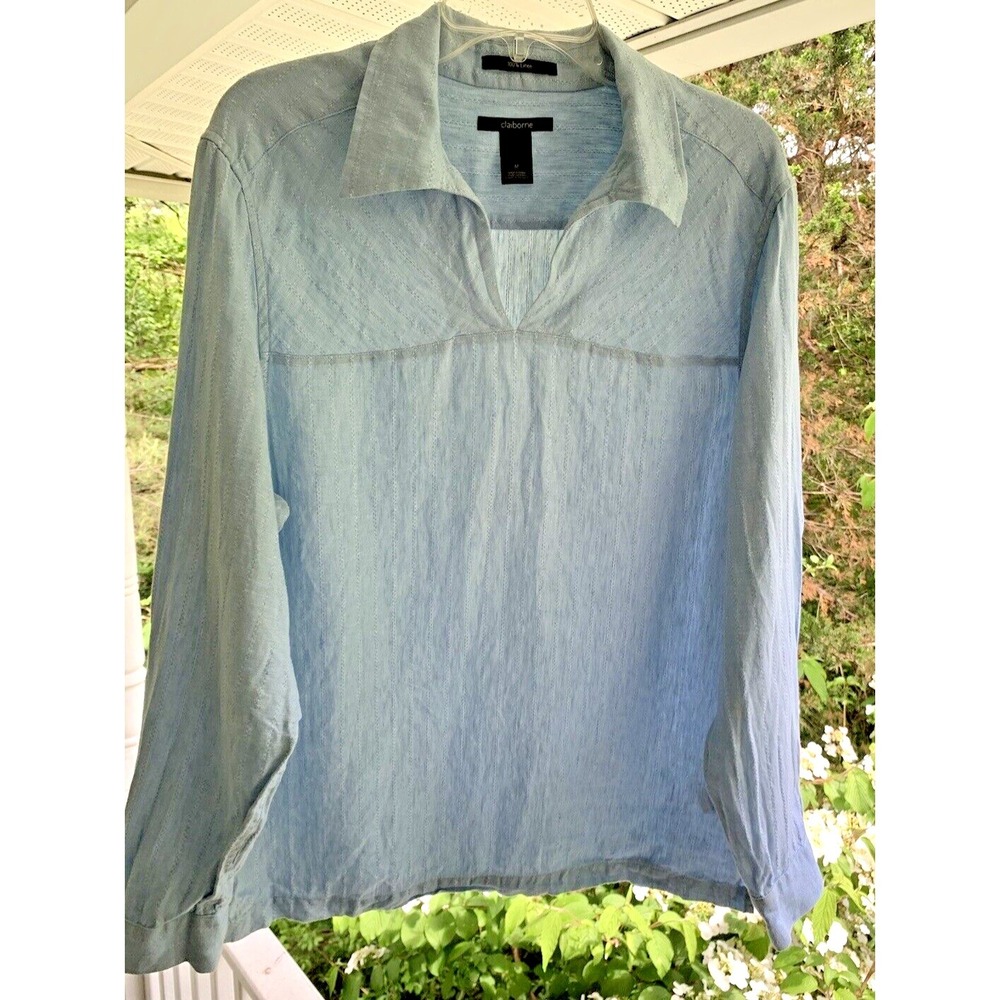 Claiborne Top Womens Medium 100% Linen Popover Blue‎ V-Neck Coastal